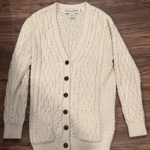 Aran Mor Sweater Womens Sz M Cream Cardigan Merino Wool Cable Knit Fisherman